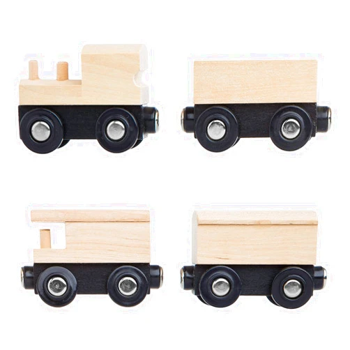 Orbrium 4 Assorted Unpainted Train Cars for Wooden Railway Compatible with Thomas, Chuggington, Brio, Great for Birthday Party Train Theme