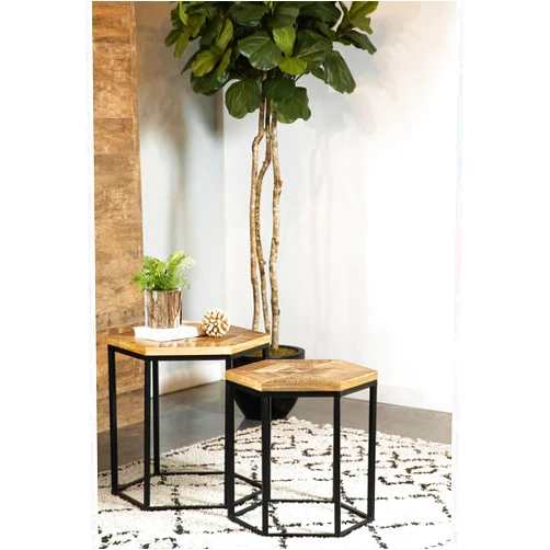 TREATLIFE HOME Natural and Black 2-Piece Nesting Tables, Rustic Hexagon Wood Tabletops with Metal Bases, Space-Saving Design