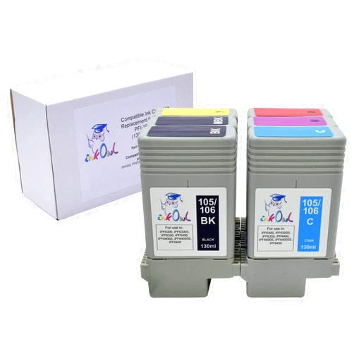 InkOwl Compatible Ink Cartridge Replacement for Canon PFI-105, PFI-106 (130ml, 6-Pack) for iPF6300, iPF6350, iPF6400, iPF6400SE, iPF6450 Printers