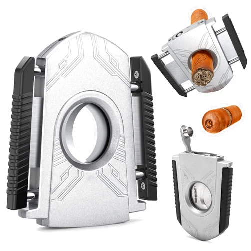 SEMKONT Cigar Cutter Guillotine Shield Shape Cigar Cutter, Stainless Steel Double Blade Cigar Cutter with Cigar Punch, Suitable for Max 60 Ring Gauge Cigars