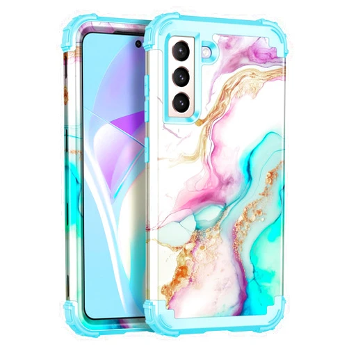 Casetego Compatible with Galaxy S21 5G Case,Floral Three Layer Heavy Duty Sturdy Shockproof Full Body Protective Cover Case for Samsung Galaxy S21 5G 6.2 inch,Blue