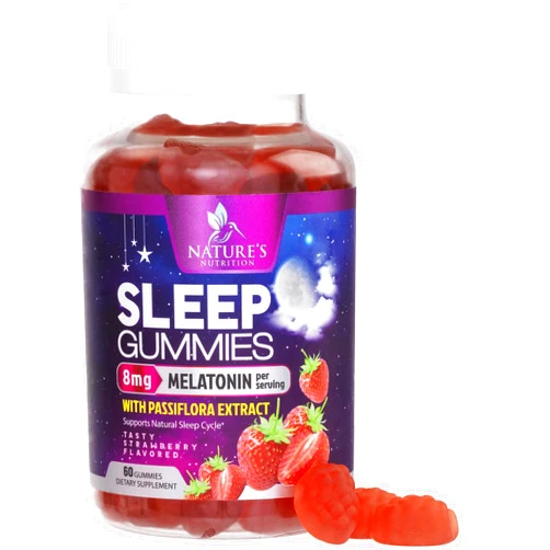 Nature's Nutrition Sleep Gummies - 8mg Melatonin Per Serving - With Passiflora Extract for Restful Sleep - Fast Acting Melatonin Sleep Gummy Supplement for Adults, Vegan, Non-GMO, Tasty Strawberry Flavor - 60 Gummies