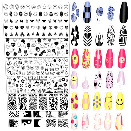Whaline 6Pcs Smile Face Nail Plates Stamping Set Heart Butterfly Star Flower Smiling Stamp Templates Groovy Nail Art Plates for DIY Print Manicure Salon Design Gift Supplies