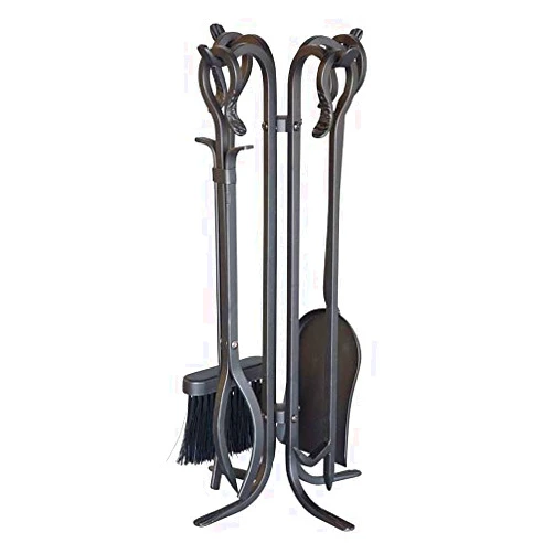 Plow & Hearth 5 Piece Hand Forged Iron Compact Fireplace Tool Set | Poker | Tongs | Shovel | Broom | Hearth Accessory| Black Finish | 10.25