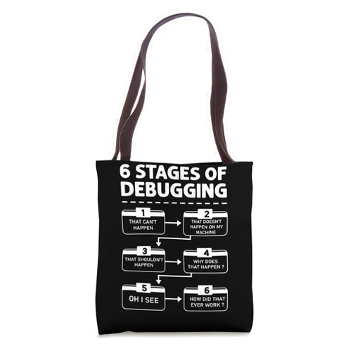 Developer Coder Coding PC Present Tees 6 Stages of Debugging design Programming Computer Science Tote Bag