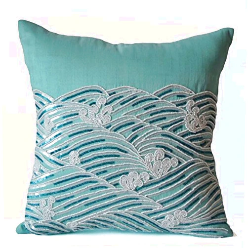 Amore Beaute Ocean Wave Teal Silk Decorative Pillow Cover, Handcrafted Beads And Sequin Accent Pillow Cover, Designer Spring-Summer Décor, Modern Décor, Nautical Home Décor, Housewarming Gift Ideas, 18x18 Inches