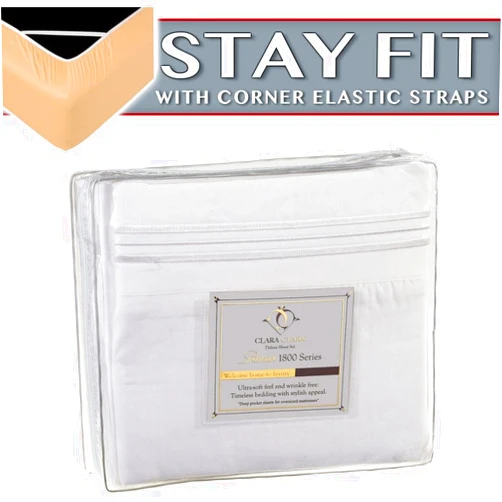 Clara Clark 1800 Series Bed Sheet Sets - Stay fit on mattress with elastic straps at corners - Queen, White