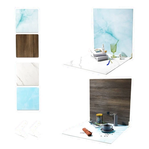 BEIYANG Double Sided 2 PCS Photo Backdrop Boards, Flat Lay Food Photography Background, White Blue Marble Wooden Background Boards for Product Shooting 24x24 Inch, BEIYANG