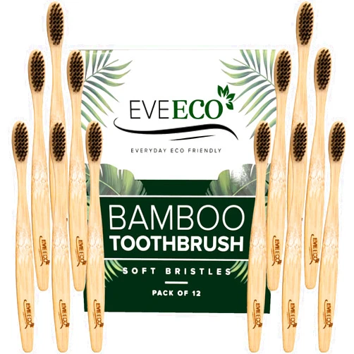 EveEco 12 Count I Bamboo Toothbrush I Soft Bristles Best for Sensitive Gums I Charcoal I Vegan I Natural Wood I BPA Fee I Recyclable I Compostable I Biodegradable | Environmentally Friendly