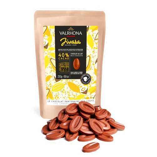 Valrhona Premium French Baking Creamy Milk Chocolate Discs (Feves). JIVARA 40% Cacao. Easy Melt and Tempering. Hints of Vanilla and Malt. For Cookies, Mousses, Frostings and Candies 250g (Pack of 1)