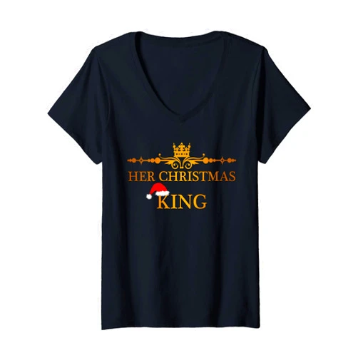 The Christmas Couples Lovely Story Artwork Womens Funny Couple Matching Tee Her-His Christmas Queen-King 2Pcs V-Neck T-Shirt