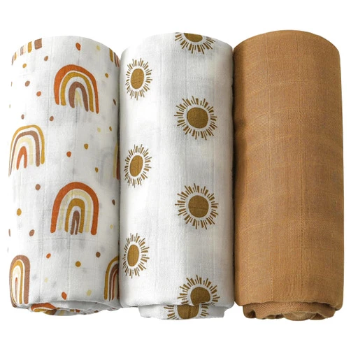 CHUNGEL 3 Pack Muslin Swaddle Blankets, Boho Rainbow Baby Muslin Blankets for Girls & Boys Unisex, Large 47 x 47 inches, Silky Soft, Lightweight, Breathable (Rainbow) (3 Pack Rainbow C)
