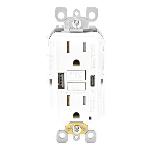 Leviton GUAC1-W 15A SmartlockPro Self-Test GFCI Combination with Type A & Type-C USB in-Wall, USB Charger for Smartphones and Tablets
