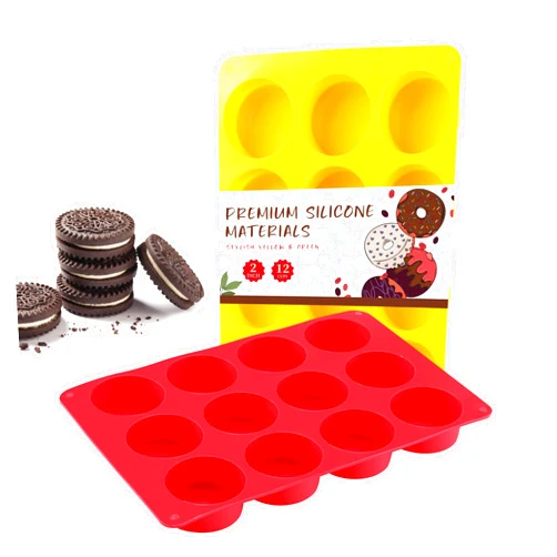 VITUER 2PCS Silicone Oreo Cookie Chocolate Molds, Vituer 12-Cavity Round Silicone Baking Mold for Oreo, Candy, Chocolate, Cookie, Mini Cake and Jelly, Dishwasher Safe (Red+ Orange)