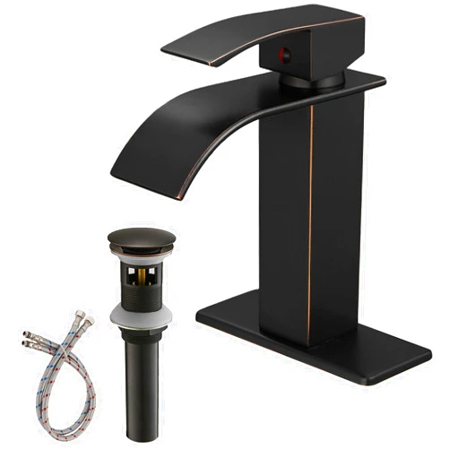 BWE Waterfall Bathroom Faucet Oil Rubbed Bronze Faucet for Bathroom Sink 1 Hole Single Handle Modern Vanity Faucet Lavatory Bath Mixer Tap with Pop Up Drain Assembly with Overflow and Supply Line