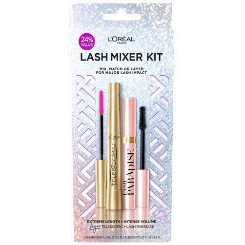 L’Oréal Paris L'Oreal Paris Makeup Voluminous Lash Paradise Mascara for Eyelash Volume and L'Oreal Telescopic Mascara for Lengthening Lashes, Blackest Black, 1 Count of Each Blackest Black + Blackest Black Mixed Kit