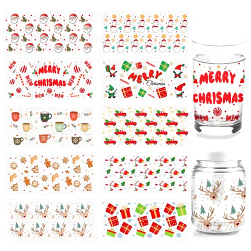 arricraft 10 Sheets Christmas Theme UV DTF Cup Wrap Transfer Stickers, 10 Styles 9.45x4.33 Inchs Santa Claus Rub on Transfers Decal for 16OZ Glass Cups Furniture Craft Wood DIY Crafts