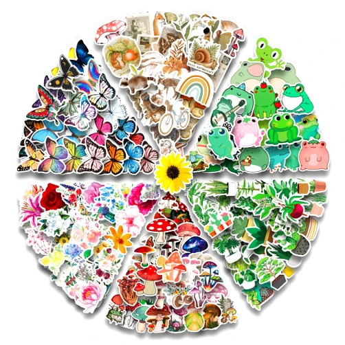 AOWDIAO 300 Nature Stickers Pack 6 Mixed Themes Vinyl Waterproof Stickers Decals for Water Bottles Laptop Phone Scrapbook Journal Car