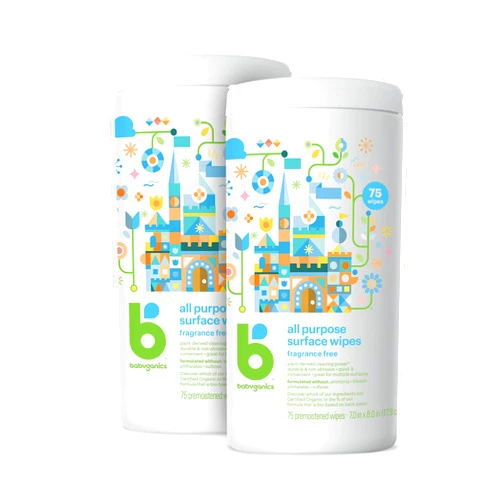 Babyganics All Purpose Surface Wipes, Fragrance Free, 75 Count (Pack of 2), Plant Based and Non-Abrasive, No Ammonia, No Bleach