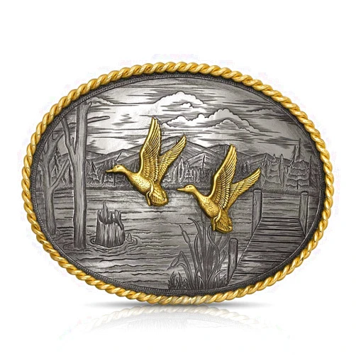 Montana Silversmiths On The Banks with Ducks Oval Rope Edge Western Belt Buckle