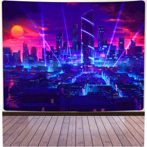 Aidatain Punk Cityscape Tapestry Neon Street Scene Game Scene Tapestry Japanese Anime Flannel Large Size 80x60 Inches Tapestry for Bedroom Living Room GTHHAT78