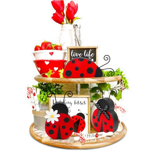 Huray Rayho Spring Tiered Tray Decor Red Ladybug Wooden Blocks Signs Farmhouse Ladybird Free Standing Decor Kitchen Shelf Display Ladybug Daisy Tiered Tray Decoration Housewarming Gift