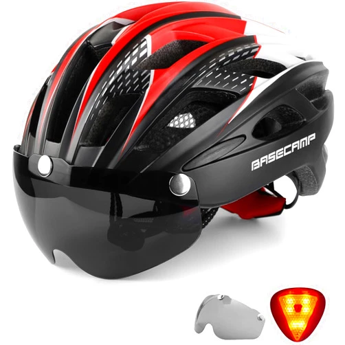 Basecamp Bike Helmet, Basecamp Bicycle Helmet with Rear Light & Detachable Magnetic Goggles Lightweight Cycling Helmet Adjustable for Adult Men Women Mountain & Road (BC-069)