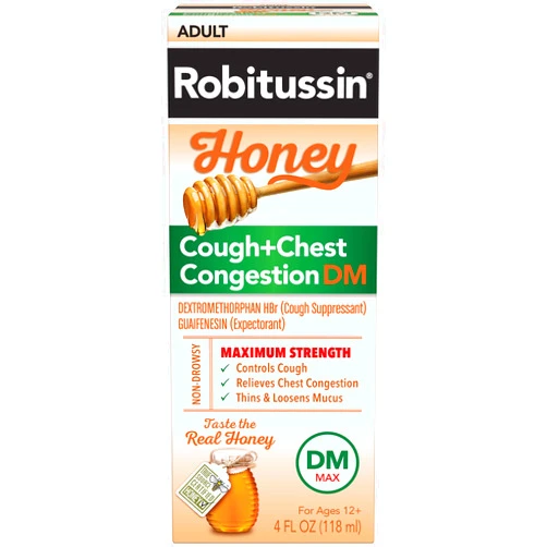 Robitussin Maximum Strength Honey Cough + Chest Congestion DM, Cough Medicine for Cough and Chest Congestion Relief Made with Real Honey for Flavor - 4 Fl Oz Bottle 4 Fl Oz (Pack of 1) Cough + Chest