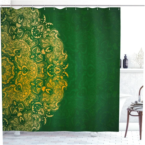 Lunarable Emerald Shower Curtain, Inspirations in Vibrant Colored Mandala Design Swirls Curves, Cloth Fabric Bathroom Decor Set with Hooks, 69