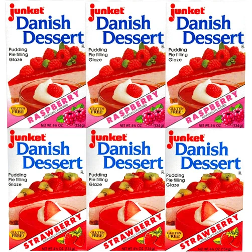 Redco Foods, Inc. Junket Danish Dessert Mix Bundle of 6 (3 Raspberry and 3 Strawberry) with Recipe Sheets 4.75 Ounce (Pack of 6)