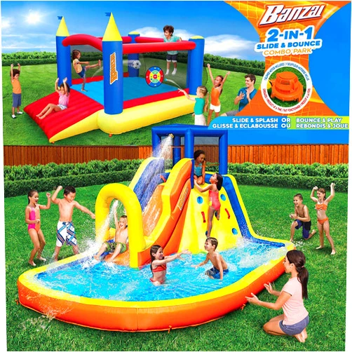 BANZAI Inflatable 13' Water Slide Park Plus 12' Bounce House 2 for 1 Value Pack w Free Air Blower- Inflates in Under 2min- Heavy Duty Kids Adventure Park Pool with Sprinkler 12’x9 XL Bouncy Castle