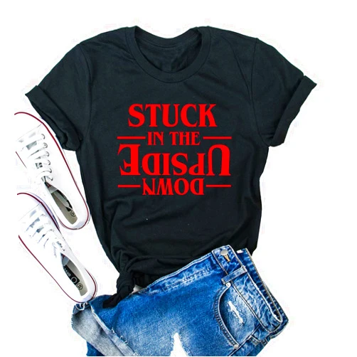 HQZIBEC The Upside Down Vintage Graphic Tee Things Merchandise for Teen Girls-Strange Shirt(Black,S)