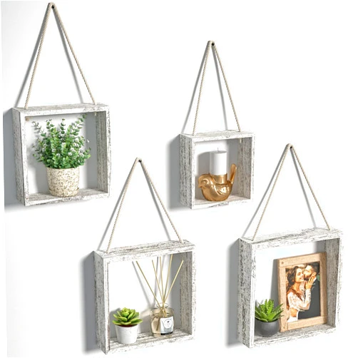 J JACKCUBE DESIGN Floating Hanging Square Shelves Wall Mounted Rustic Wood Cube Display Shelf Shadow Boxes Decorative Boho Home Décor for Living Room, Bedroom, Office, Set of 4 (White) - MK571C