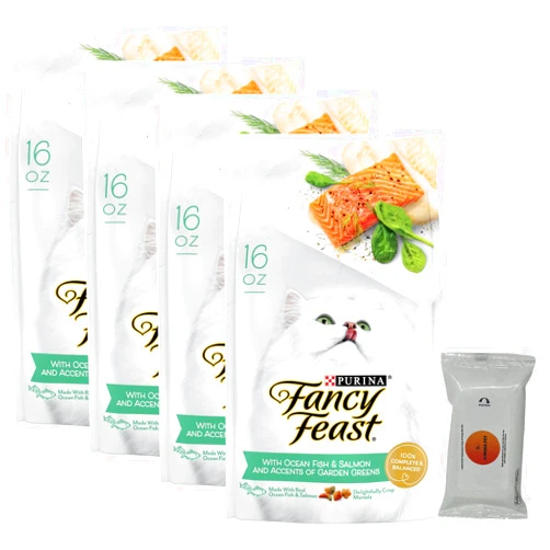 Aurora Pet Bundle Pack (4) Fancy Feast Gourmet Dry Cat Food with Ocean Fish & Salmon (16 oz. Bags) Plus AuroraPet Wipes