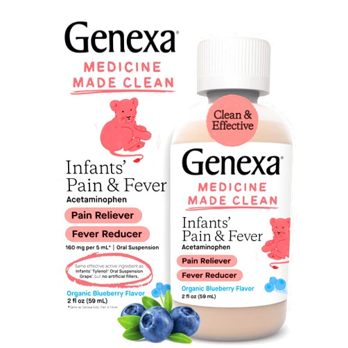 Genexa Infants’ Pain and Fever Reducer | Baby Acetaminophen, Dye Free, Liquid Oral Suspension Medicine for Infant | Delicious Organic Blueberry Flavor | 160 mg per 5mL | 2 Fluid Ounces