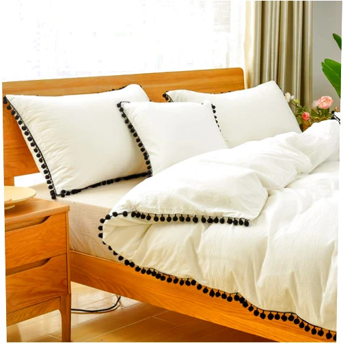 Softta Vintage Black Pompom Bedding Set White Queen Size Girls 3Pcs Duvet Cover Set Baby Teen Farmhouse Quilt Cover Boho Chic 100% Washed Cotton Solid White
