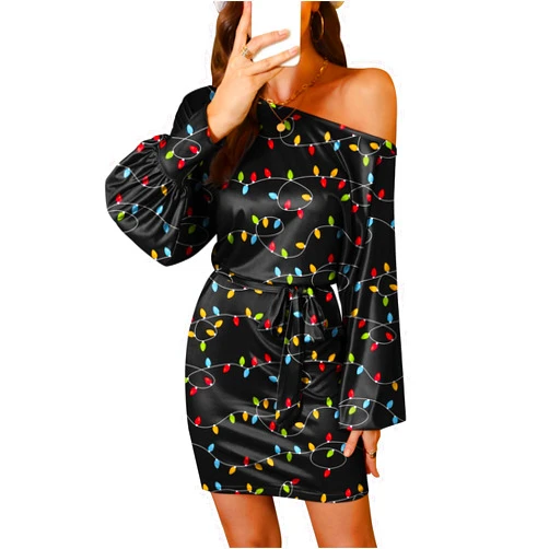 For G and PL Women's Christmas Adjustable Drawstring Puff Long Sleeve Off Shoulder Mini Dress
