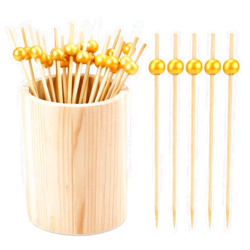 PEUTIER 100pcs Cocktail Picks with Holder, 4.72 Inch Fancy Toothpicks for Appetizers Gold Pearl Decorative Skewers Wooden Food Sticks for Drinks Fruit Desserts Wedding Holiday Party Decoration