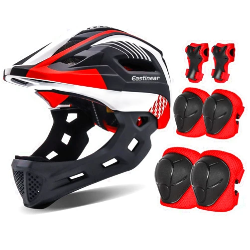 EASTINEAR Kids Full Face Bike Helmet with LED Light + Kids Knee Elbow Pads Wrist Guards for Ages 3-8 Boys Girls Bicycle Skate