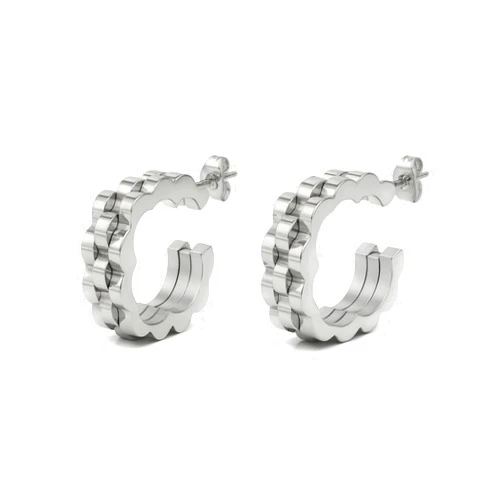 ZEMZEM ONLINE Silver Wave Edge Hoop Earrings for Women – Chunky Stainless Steel Stud Hoops, Modern Geometric Statement Jewelry EAR0020