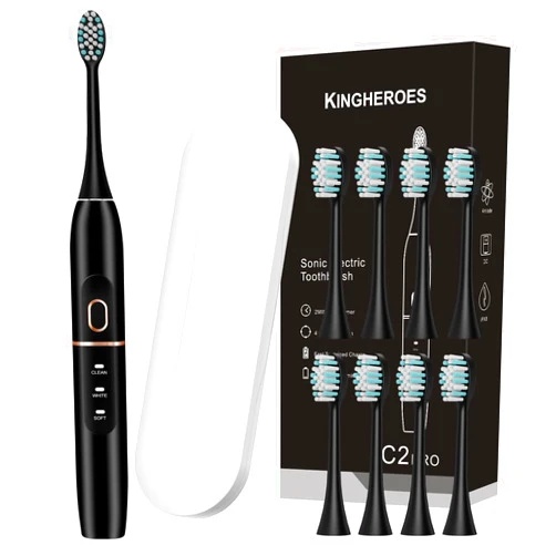Kingheroes Electric Toothbrush Set, Comes with 8 Brush Heads & Travel Case,4 Modes with 2 Minutes Built in Smart Timer, One Charge for 60 Days, 42000 VPM Motor (Black)