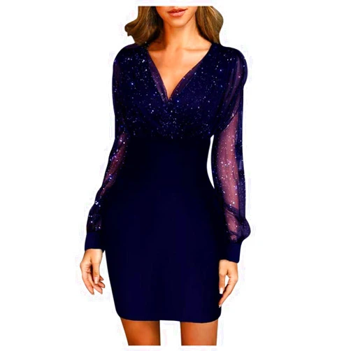 BAXLIMEK Cocktail Dresses for Women 2025 Trendy Mesh Long Sleeve Wedding Guest Dress Elegant Bodycon V Neck Club Party Dress