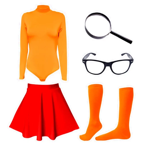 ATAMET Halloween Costume for Women,Sexy Long Sleeve Leotard Turtleneck Tops Bodysuit,Skater Skirt,Magnifying Glass,Socks