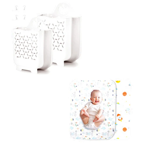 Asung Laundry Basket Collapsible Laundry Hamper 2 Packs (White）and Baby Portable Changing Pad Changing Table Pads Diaper Changing mat Liners 2 Pack of Large Size 37.5x27.5 Inch