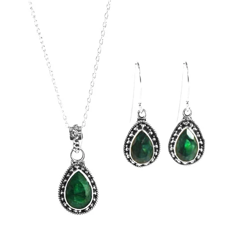 Sivalya AMALFI Raw Emerald Necklace Earrings Set Sterling Silver - Amalfi Jewelry Set for Women in Solid 925 Silver - Natural Pear Green Stones - Emerald Gemstone Jewelry- Gift Packaging Included