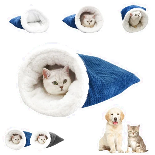 JCATPD Cat Sleeping Bag, Warm Winter Cat Sleeping Bag Bed, Self Warming Cat Bed, Soft Plush Cat Sack Cat Cave Bed for Indoor Cats, 360° Wrap Comfortable Pet Snuggle Sack (Dark Blue, 18.5x19.7in, 1PCS)