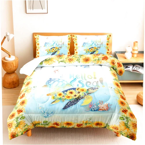CVHOUSE Sea Turtle Comforter Set Twin Size,Ocean Turtle Sunflower Bedding Set for Kids,Ocean Turtle Sunflower Quilt Set Turtle Duvet Set Coastal Bedroom Decor 3 Pieces