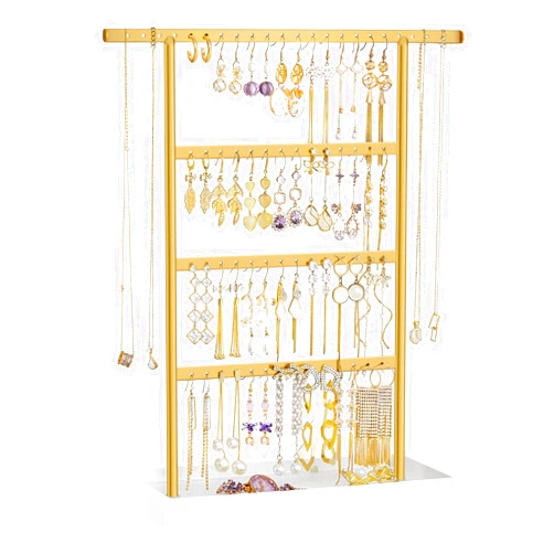 SONGMICS Jewelry Organizer, 4-Tier Earring Holder Organizer Stand with Base Tray, Gift for Mom, for Studs and Necklaces, Vintage, White and Gold Color UJJS019A01