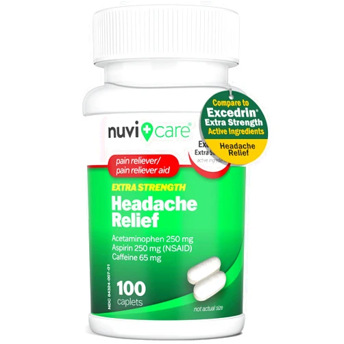 NUVICARE Headache Relief with Acetaminophen 250 mg, Aspirin (NSAID) 250 mg, Caffeine 65 mg - Temporary Relief of Minor Aches & Pains - Compare to Excedrin Extra Strength Pain Reliever (100 Caplets)