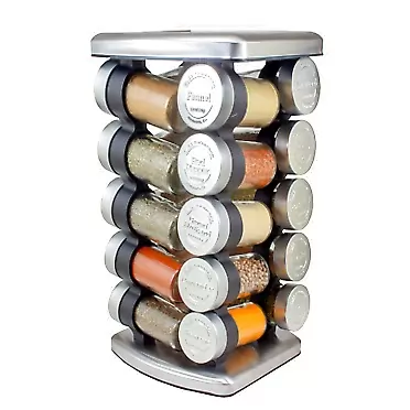 Olde Thompson Since 1944 Olde Thompson Stainless Steal Rotating Spice Rack, 20 Refillable Spice Jars With Shaker Tops And Embossed Lids For Frequently Used Spices 20 Embossed Jar